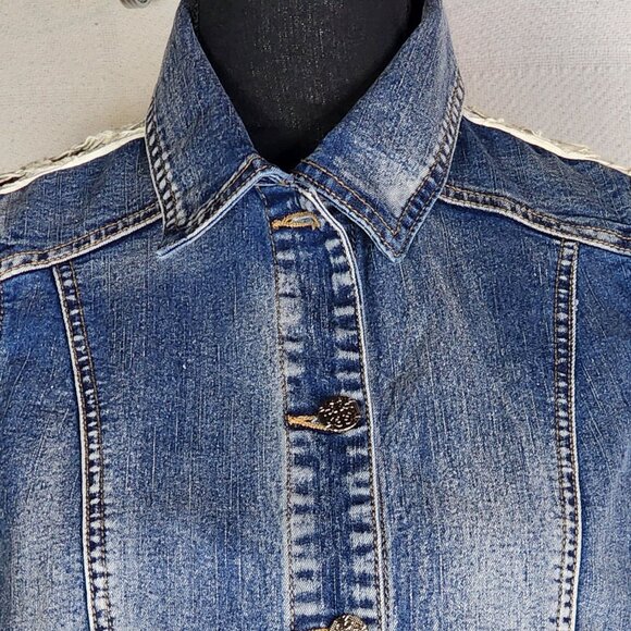 Indigo Thread Denim Button Front Cream Crochet Back Cotton Poly Span Vest Size S - Picture 2 of 16